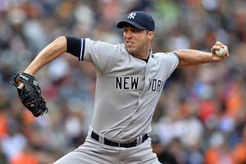 Oct 4, 2015; Baltimore, MD, USA; New York Yankees relief pitcher Chris Capuano (26) pitched during the fourth inning against the Baltimore Orioles at Oriole Park at Camden Yards. Mandatory Credit: Tommy Gilligan-USA TODAY Sports