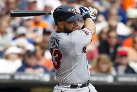 Sep 28, 2014; Detroit, MI, USA; Minnesota Twins catcher Josmil Pinto (43) hits a single in the fourth inning against the Detroit Tigers at Comerica Park. Mandatory Credit: Rick Osentoski-USA TODAY Sports