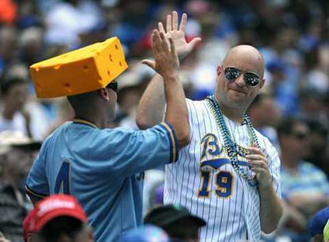 Jul 2, 2014; Toronto, Ontario, CAN; A pair of Milwaukee Brewers fans enjoy their team