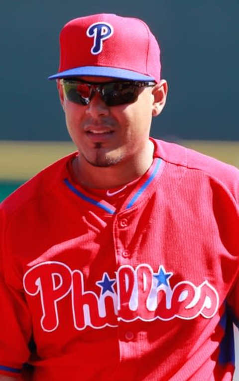 Mar 16, 2015; Clearwater, FL, USA; Philadelphia Phillies catcher Rene Garcia (76) works out prior to the spring training game at Bright House Field. Mandatory Credit: Kim Klement-USA TODAY Sports