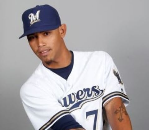 Feb 26, 2016; Maryvale, AZ, USA; Milwaukee Brewers pitcher Orlando Arcia (72) poses for photo day at Maryvale Baseball Park. Mandatory Credit: Rick Scuteri-USA TODAY Sports