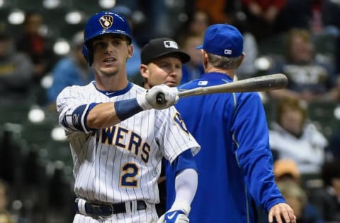 Apr 10, 2015; Milwaukee, WI, USA; Milwaukee Brewers second baseman 