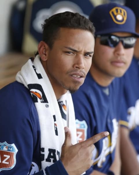 Mar 11, 2016; Phoenix, AZ, USA; Milwaukee Brewers shortstop Orlando Arcia (72) in the fourth inning during a spring training game against the Texas Rangers at Maryvale Baseball Park. Mandatory Credit: Rick Scuteri-USA TODAY Sports