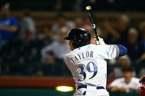 Oct. 10, 2014; Scottsdale, AZ, USA; Milwaukee Brewers outfielder Tyrone Taylor plays for the Glendale Desert Dogs against the Scottsdale Scorpions during an Arizona Fall League game at Cubs Park. Mandatory Credit: Mark J. Rebilas-USA TODAY Sports