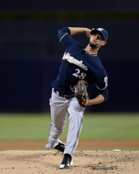 Sep 29, 2015; San Diego, CA, USA; Milwaukee Brewers starting pitcher Jorge Lopez (28) pitches during the first inning against the San Diego Padres at Petco Park. Mandatory Credit: Jake Roth-USA TODAY Sports