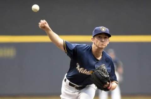 Aug 29, 2016; Milwaukee, WI, USA; Milwaukee Brewers pitcher Zach Davies throws a pitch against the St. Louis Cardinals in the first inning at Miller Park. Mandatory Credit: Benny Sieu-USA TODAY Sports