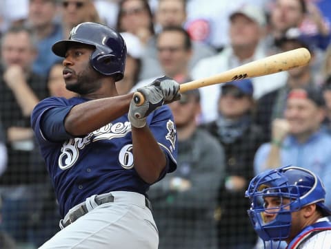 CHICAGO, IL – OCTOBER 01: Lorenzo Cain #6 of the Milwaukee Brewers hits a run scoring single in the 8th inning against the Chicago Cubs during the National League Tiebreaker Game at Wrigley Field on October 1, 2018 in Chicago, Illinois. The Brewers defeated the Cubs 3-1 to win the Central Division. (Photo by Jonathan Daniel/Getty Images)