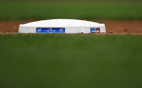 MILWAUKEE, WI – OCTOBER 04: A detailed view outfield first base is seen during Game One of the National League Division Series between the Colorado Rockies and Milwaukee Brewers at Miller Park on October 4, 2018 in Milwaukee, Wisconsin. (Photo by Stacy Revere/Getty Images)