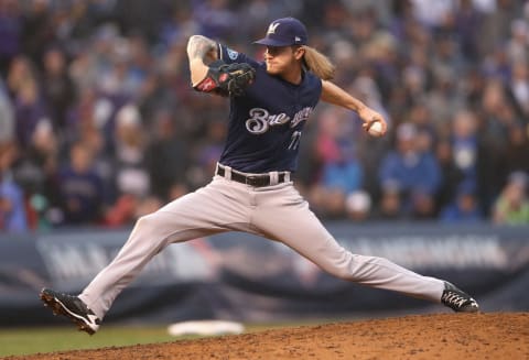 DENVER, CO – OCTOBER 07: Josh Hader #71 of the Milwaukee Brewers pitches in the ninth inning of Game Three of the National League Division Series against the Colorado Rockies at Coors Field on October 7, 2018 in Denver, Colorado. (Photo by Matthew Stockman/Getty Images)