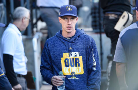 LOS ANGELES, CA – OCTOBER 15: Manager Craig Counsell #30 of the Milwaukee Brewers looks on from the dugout during the first inning of Game Three of the National League Championship Series against the Los Angeles Dodgers at Dodger Stadium on October 15, 2018 in Los Angeles, California. (Photo by Kevork Djansezian/Getty Images)