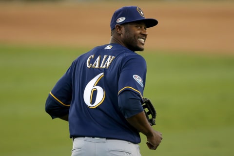 LOS ANGELES, CA – OCTOBER 15: Lorenzo Cain #6 of the Milwaukee Brewers reacts during the fourth inning against the Los Angeles Dodgers in Game Three of the National League Championship Series at Dodger Stadium on October 15, 2018 in Los Angeles, California. (Photo by Jeff Gross/Getty Images)