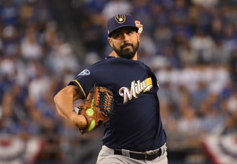 LOS ANGELES, CA – OCTOBER 16: Pitcher Gio Gonzalez #47 of the Milwaukee Brewers pitches during the first inning of Game Four of the National League Championship Series against the Los Angeles Dodgers at Dodger Stadium on October 16, 2018 in Los Angeles, California. (Photo by Harry How/Getty Images)