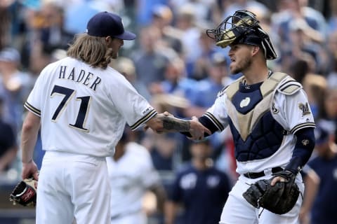 MILWAUKEE, WISCONSIN – JUNE 06: Josh Hader #71 and Yasmani Grandal #10 of the Milwaukee Brewers celebrate after beating the Miami Marlins 5-1 at Miller Park on June 06, 2019 in Milwaukee, Wisconsin. (Photo by Dylan Buell/Getty Images)