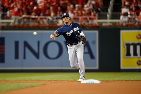 WASHINGTON, DC – OCTOBER 01: Orlando Arcia #3 of the Milwaukee Brewers throws out Asdrubal Cabrera #13 of the Washington Nationals during the fifth inning in the National League Wild Card game at Nationals Park on October 01, 2019 in Washington, DC. (Photo by Will Newton/Getty Images)