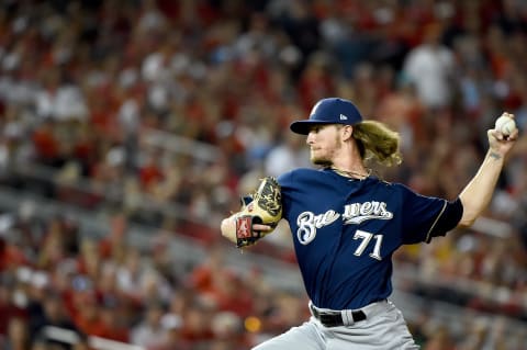 WASHINGTON, DC – OCTOBER 01: Josh Hader #71 of the Milwaukee Brewers throws a pitch against the Washington Nationals during the eighth inning in the National League Wild Card game at Nationals Park on October 01, 2019 in Washington, DC. (Photo by Will Newton/Getty Images)