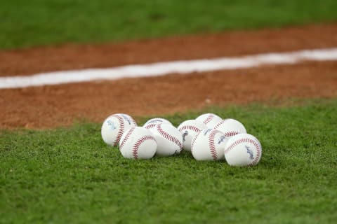 HOUSTON, TEXAS – OCTOBER 13: A detail of baseballs prior to game two of the American League Championship Series between the Houston Astros and the New York Yankees at Minute Maid Park on October 13, 2019 in Houston, Texas. (Photo by Bob Levey/Getty Images)