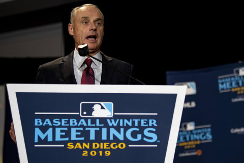 BOSTON, MA – DECEMBER 10: Major League Baseball Commissioner Rob Manfred speaks during the 2019 Major League Baseball Winter Meetings on December 10, 2019 in San Diego, California. (Photo by Billie Weiss/Boston Red Sox/Getty Images)