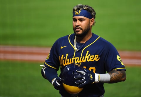 PITTSBURGH, PA – AUGUST 21: Omar Narvaez #10 of the Milwaukee Brewers looks on during the fourth inning against the Pittsburgh Pirates at PNC Park on August 21, 2020 in Pittsburgh, Pennsylvania. (Photo by Joe Sargent/Getty Images)