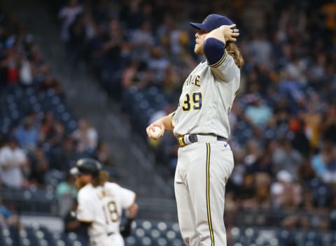 PITTSBURGH, PA – JULY 01: Corbin Burnes #39 of the Milwaukee Brewers looks on after giving up a home run in the fifth inning against the Pittsburgh Pirates at PNC Park on July 1, 2021 in Pittsburgh, Pennsylvania. (Photo by Justin K. Aller/Getty Images)