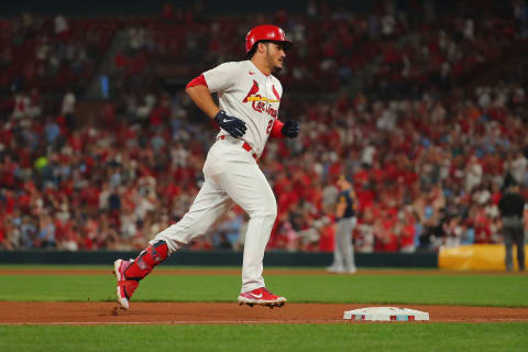 ST LOUIS, MO – SEPTEMBER 28: Nolan Arenado #28 of the St. Louis Cardinals rounds third base on his home run against the Milwaukee Brewers in the seventh inning at Busch Stadium on September 28, 2021 in St Louis, Missouri. (Photo by Dilip Vishwanat/Getty Images)