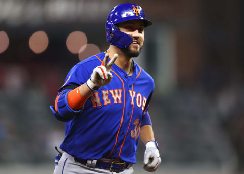 ATLANTA, GA – OCTOBER 02: Michael Conforto #30 of the New York Mets reacts after hitting a ball deep for a home run during the eighth inning of the game against the Atlanta Braves at Truist Park on October 2, 2021 in Atlanta, Georgia. (Photo by Todd Kirkland/Getty Images)