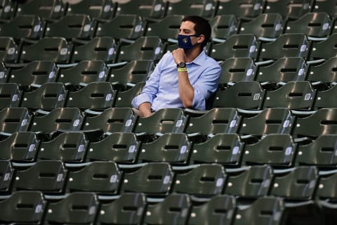 MILWAUKEE, WISCONSIN – JULY 15: General manager David Stearns of the Milwaukee Brewers watches action during Summer Workouts at Miller Park on July 15, 2020 in Milwaukee, Wisconsin. (Photo by Stacy Revere/Getty Images)