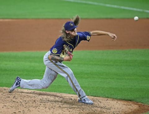 CHICAGO, ILLINOIS – JULY 22: Josh Hader #71 of the Milwaukee Brewers pitches against the Chicago White Sox during an exhibition game at Guaranteed Rate Field on July 22, 2020 in Chicago, Illinois. (Photo by Jonathan Daniel/Getty Images)