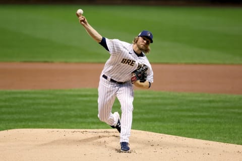 MILWAUKEE, WISCONSIN – AUGUST 28: Corbin Burnes #42 of the Milwaukee Brewers pitches in the first inning against the Pittsburgh Pirates at Miller Park on August 28, 2020 in Milwaukee, Wisconsin. All players are wearing #42 in honor of Jackie Robinson Day. The day honoring Jackie Robinson, traditionally held on April 15, was rescheduled due to the COVID-19 pandemic. (Photo by Dylan Buell/Getty Images)