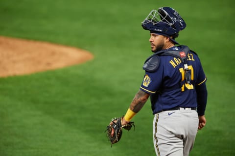 MINNEAPOLIS, MINNESOTA – AUGUST 18: Omar Narvaez #10 of the Milwaukee Brewers looks on during the game against the Minnesota Twins at Target Field on August 18, 2020 in Minneapolis, Minnesota. The Twins defeated the Brewers 4-3 in twelve innings. (Photo by Hannah Foslien/Getty Images)