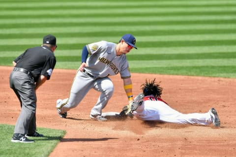 CLEVELAND, OHIO – SEPTEMBER 06: Second base umpire Jerry Meals #41 watches as second baseman Keston Hiura #18 of the Milwaukee Brewers catches Jose Ramirez #11 of the Cleveland Indians trying to seal second during the third inning at Progressive Field on September 06, 2020 in Cleveland, Ohio. (Photo by Jason Miller/Getty Images)