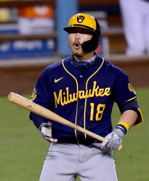 LOS ANGELES, CALIFORNIA – SEPTEMBER 30: Keston Hiura #18 of the Milwaukee Brewers reacts to a strike three call during the fourth inning against the Los Angeles Dodgers in game one of the National League Wild Card Series at Dodger Stadium on September 30, 2020 in Los Angeles, California. (Photo by Harry How/Getty Images)