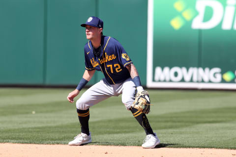 MESA, AZ – MARCH 10: Brice Turang #72 of the Milwaukee Brewers plays shortstop during the game against the Oakland Athletics at Hohokam Park on March 10, 2021 in Mesa, Arizona. The Athletics defeated the Brewers 9-1. (Photo by Rob Leiter/MLB Photos via Getty Images)