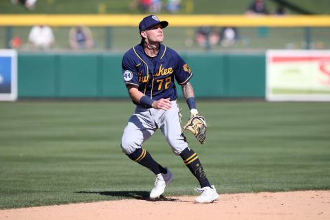 MESA, AZ – MARCH 10: Brice Turang #72 of the Milwaukee Brewers plays shortstop during the game against the Oakland Athletics at Hohokam Park on March 10, 2021 in Mesa, Arizona. The Athletics defeated the Brewers 9-1. (Photo by Rob Leiter/MLB Photos via Getty Images)