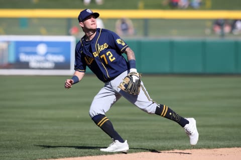 MESA, AZ – MARCH 10: Brice Turang #72 of the Milwaukee Brewers plays shortstop during the game against the Oakland Athletics at Hohokam Park on March 10, 2021 in Mesa, Arizona. The Athletics defeated the Brewers 9-1. (Photo by Rob Leiter/MLB Photos via Getty Images)