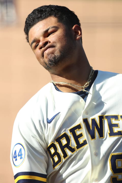 PHOENIX, ARIZONA – MARCH 21: Hedbert Perez #91 of the Milwaukee Brewers reacts after hitting into a double play in the ninth inning against the Seattle Mariners during the MLB spring training game at American Family Fields of Phoenix on March 21, 2021 in Phoenix, Arizona. (Photo by Abbie Parr/Getty Images)