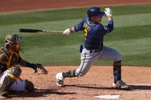 PEORIA, ARIZONA – MARCH 03: Luis Urias #2 of the Milwaukee Brewers bats against the San Diego Padres during the MLB spring training game on March 03, 2021 in Peoria, Arizona. (Photo by Christian Petersen/Getty Images)