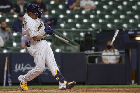 MILWAUKEE, WISCONSIN – MAY 01: Mario Feliciano #0 swings at a pitch during the eleventh inning against the Los Angeles Dodgers at American Family Field on May 01, 2021 in Milwaukee, Wisconsin. (Photo by Stacy Revere/Getty Images)