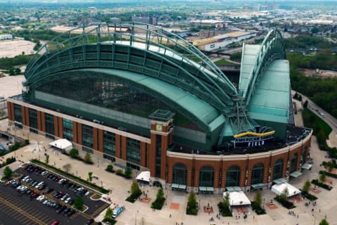 MILWAUKEE, WISCONSIN – MAY 16: Aerial view of American Family Field prior to game between the Milwaukee Brewers and the Atlanta Braves at American Family Field on May 16, 2021 in Milwaukee, Wisconsin. (Photo by Quinn Harris/Getty Images)