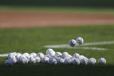 BUFFALO, NEW YORK – JUNE 29: Baseballs in a pile on the field before the game between the Toronto Blue Jays and Seattle Mariners at Sahlen Field on June 29, 2021 in Buffalo, New York. (Photo by Joshua Bessex/Getty Images)