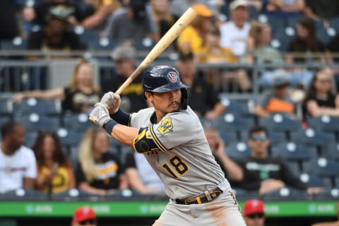 PITTSBURGH, PA – JULY 03: Keston Hiura #18 of the Milwaukee Brewers in action during the game against the Pittsburgh Pirates at PNC Park on July 3, 2021 in Pittsburgh, Pennsylvania. (Photo by Justin Berl/Getty Images)