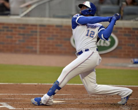 ATLANTA, GA – JULY 31: Jorge Soler #12 of the Atlanta Braves bats during a game against the Milwaukee Brewers at Truist Park on July 31, 2021 in Atlanta, Georgia. (Photo by Edward M. Pio Roda/Getty Images)