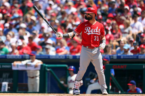 PHILADELPHIA, PA – AUGUST 15: Jesse Winker #33 of the Cincinnati Reds in action against the Philadelphia Phillies during a game at Citizens Bank Park on August 15, 2021 in Philadelphia, Pennsylvania. The Reds defeated the Phillies 7-4. (Photo by Rich Schultz/Getty Images)