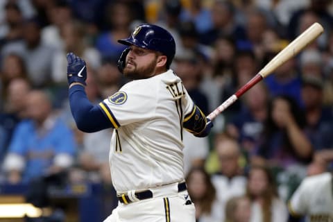 MILWAUKEE, WISCONSIN – AUGUST 24: Rowdy Tellez #11 of the Milwaukee Brewers up to bat against the Cincinnati Reds at American Family Field on August 24, 2021 in Milwaukee, Wisconsin. Brewers defeated the Reds 7-4. (Photo by John Fisher/Getty Images)