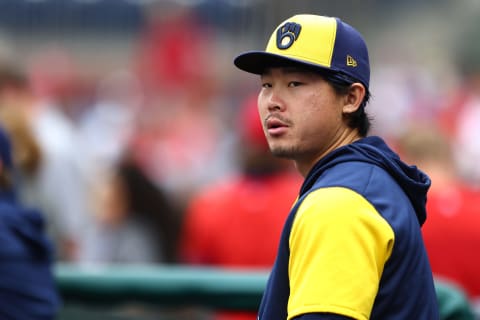 PHILADELPHIA, PA – APRIL 23: Keston Hiura #18 of the Milwaukee Brewers looks on during a game against the Philadelphia Phillies at Citizens Bank Park on April 23, 2022 in Philadelphia, Pennsylvania. (Photo by Rich Schultz/Getty Images)