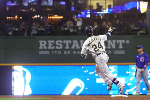 MILWAUKEE, WISCONSIN – APRIL 29: Andrew McCutchen #24 of the Milwaukee Brewers runs the bases following a solo home run during the third inning against the Chicago Cubs at American Family Field on April 29, 2022 in Milwaukee, Wisconsin. (Photo by Stacy Revere/Getty Images)