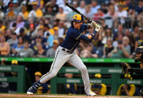 PITTSBURGH, PA – JULY 01: Christian Yelich #22 of the Milwaukee Brewers in action during the game against the Pittsburgh Pirates at PNC Park on July 1, 2022 in Pittsburgh, Pennsylvania. (Photo by Joe Sargent/Getty Images)