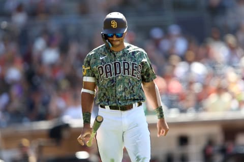 SAN DIEGO, CALIFORNIA – JULY 10: Trent Grisham #2 of the San Diego Padres reacts after flying out during the eighth inning of a game against the San Francisco Giants at PETCO Park on July 10, 2022 in San Diego, California. (Photo by Sean M. Haffey/Getty Images)