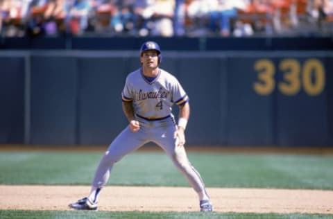 OAKLAND, CA – 1989: Paul Molitor #4 of the Milwaukee Brewers waits to run the baseline during the 1989 season game against the Oakland Athletics at Oakland-Alameda County Coliseum in Oakland, California. (Photo by Otto Greule Jr/Getty Images)