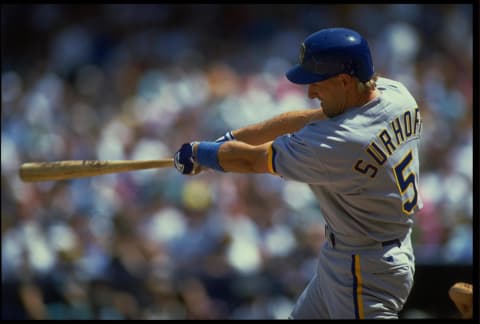 6 APR 1993: MILWAUKEE BREWERS BATTER B.J. SURHOFF SWINGS AT A PITCH DURING THE BREWERS VERSUS CALIFORNIA ANGELS GAME AT ANAHEIM STADIUM IN ANAHEIM, CALIFORNIA. MANDATORY CREDIT: STEPHEN DUNN/ALLSPORT