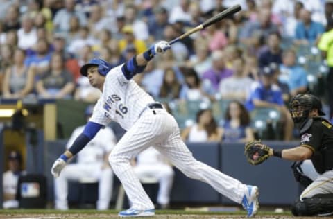 MILWAUKEE, WI – JULY 17: Aramis Ramirez #16 of the Milwaukee Brewers hits a double in the second inning against the Pittsburgh Pirates at Miller Park on July 17, 2015 in Milwaukee, Wisconsin. (Photo by Mike McGinnis/Getty Images)